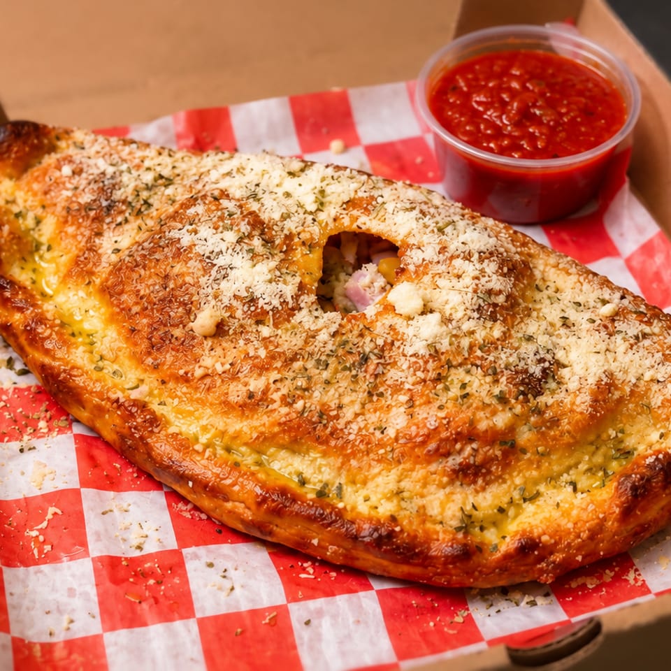 Golden-brown calzone with parmesan and herbs, served with a side of marinara sauce in a takeout box.