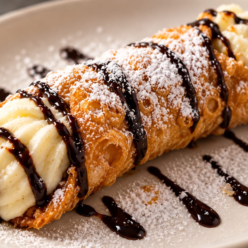 Cannoli filled with cream, drizzled with chocolate and dusted with powdered sugar on a plate.