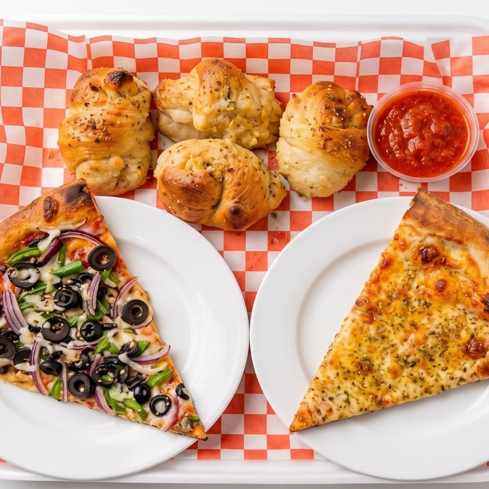 Two pizza slices, one veggie and one cheese, with garlic knots and marinara sauce on a tray.