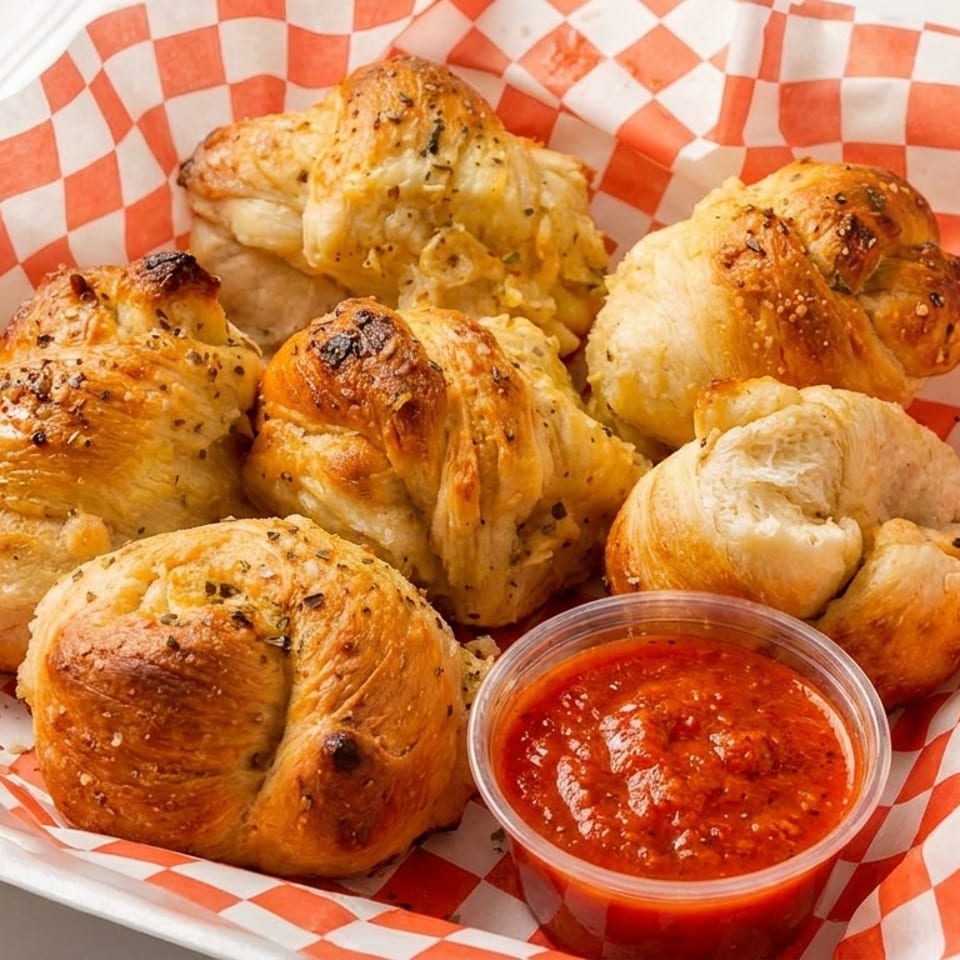 Garlic knots with herbs and parmesan cheese, served with a side of marinara sauce in a red checkered basket.