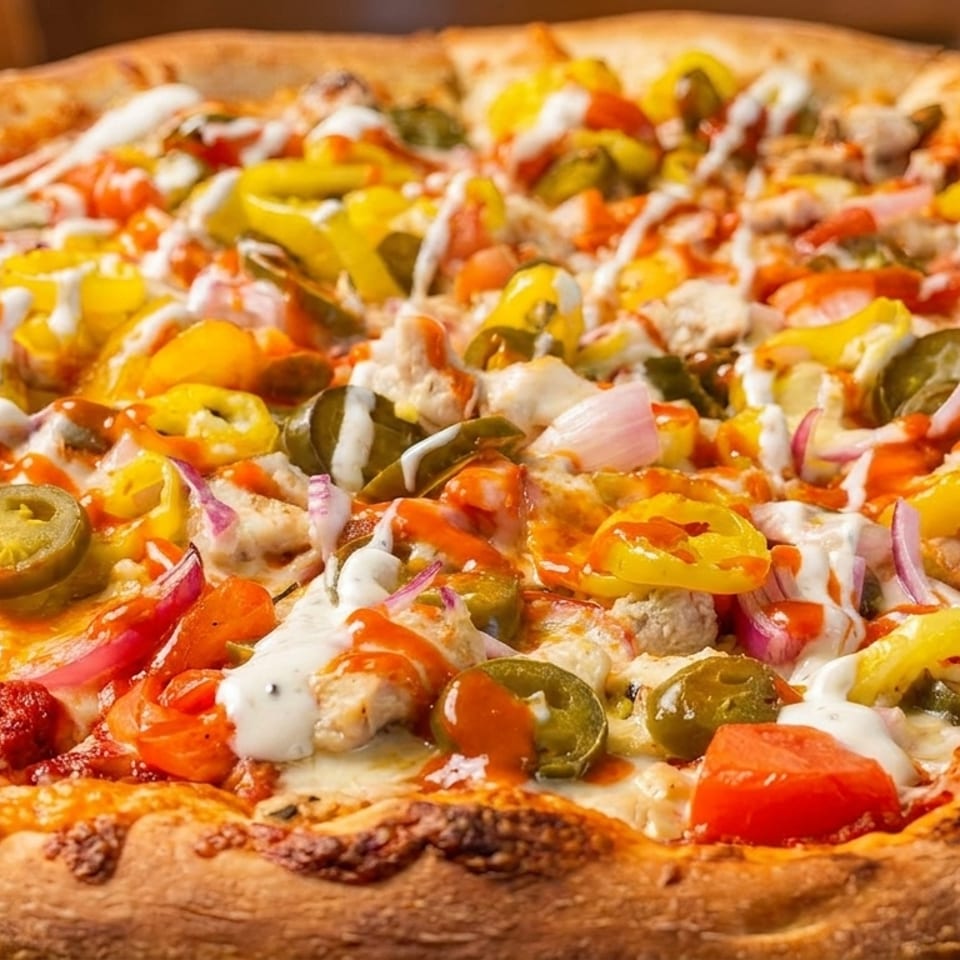 Close-up of a pizza with chicken, jalapeños, banana peppers, red onions, and a drizzle of ranch.